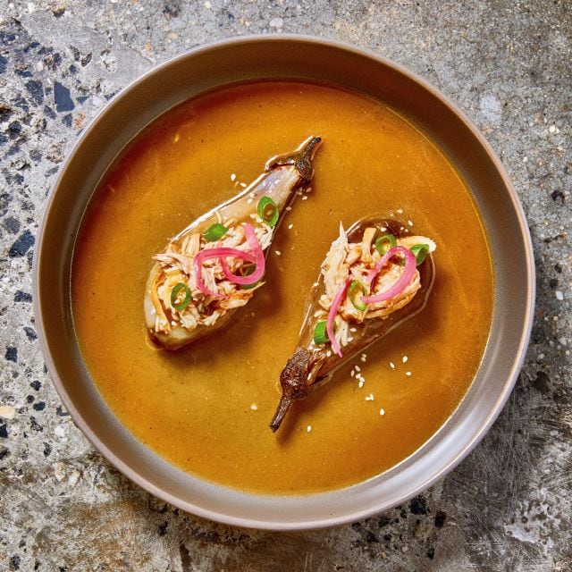 Grilled aubergines stuffed with Chicken Miso escabeche