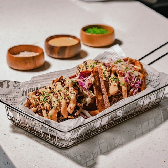 Korean Fried Chicken (KFC) with Scallion Potato Waffle