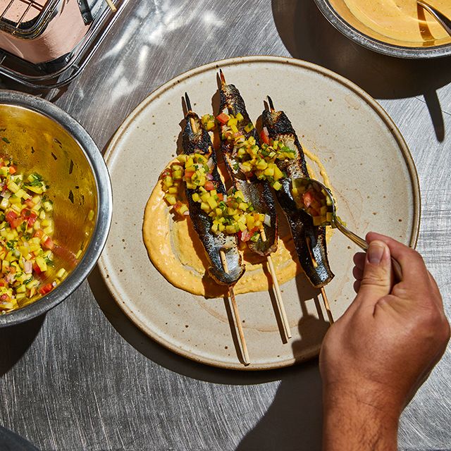 Flame Broiled Skewered Fish with Mango Pico and Rouille