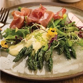 Fresh Asparagus with Cured Meat & Hollandaise Sauce