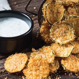 Oven Baked Zucchini Chips with Lime Yoghurt Dip