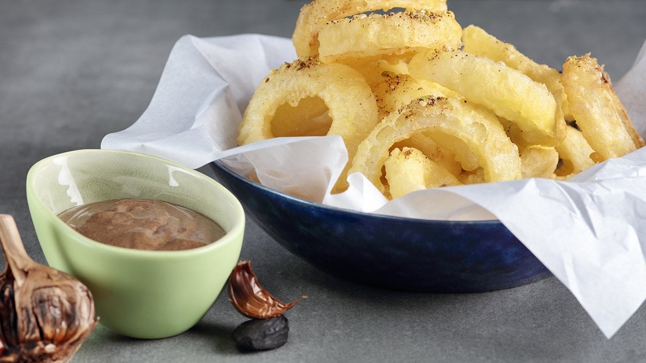 Tempura Onion Rings with Spiced Black Garlic Aioli – Recipes