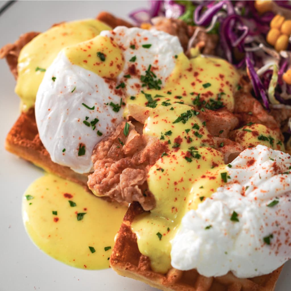 Chicken & Waffles Benedict with Mustard Hollandaise