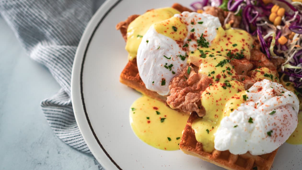 Chicken & Waffles Benedict with Mustard Hollandaise – - Recipe