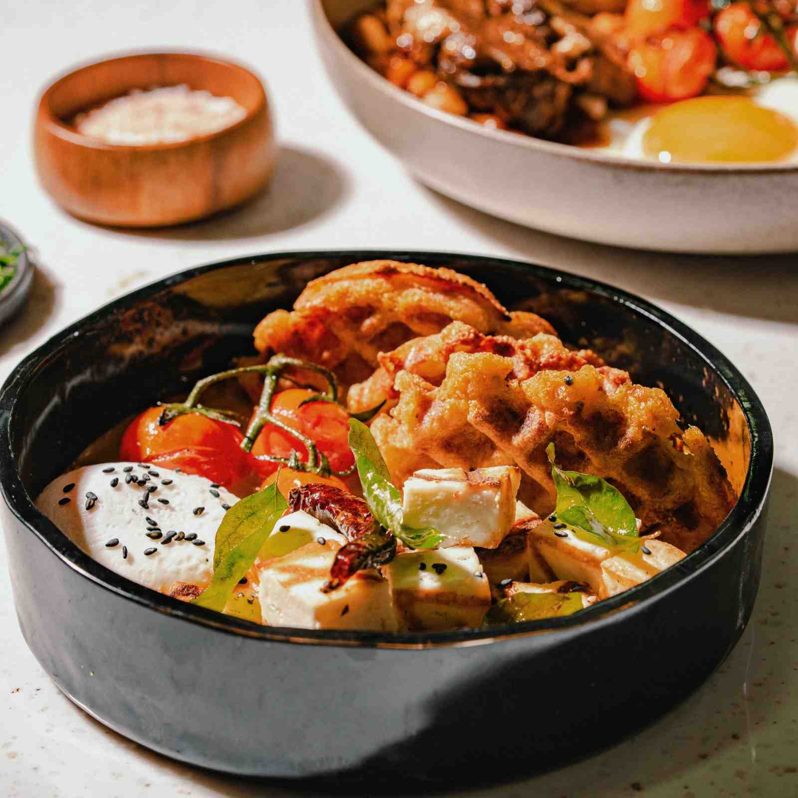 Spiced Potato Waffle with Paneer Makhni