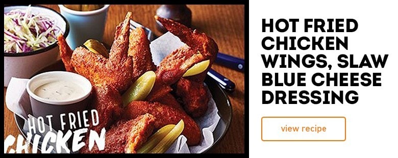 hot fried wings, slaw blue cheese dressing